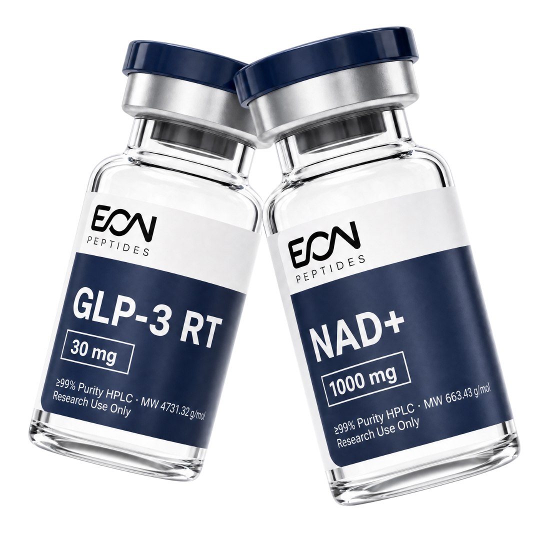 Two Eon Peptides vials: GLP-3 RT 30 mg and NAD+ 1000 mg, each labelled with purity and molecular weight